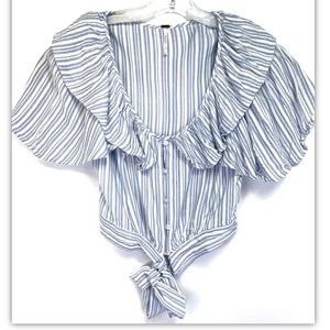 Free People Womens Sz XS Blue/White Striped Tie &Button Front Shirt (J12)
